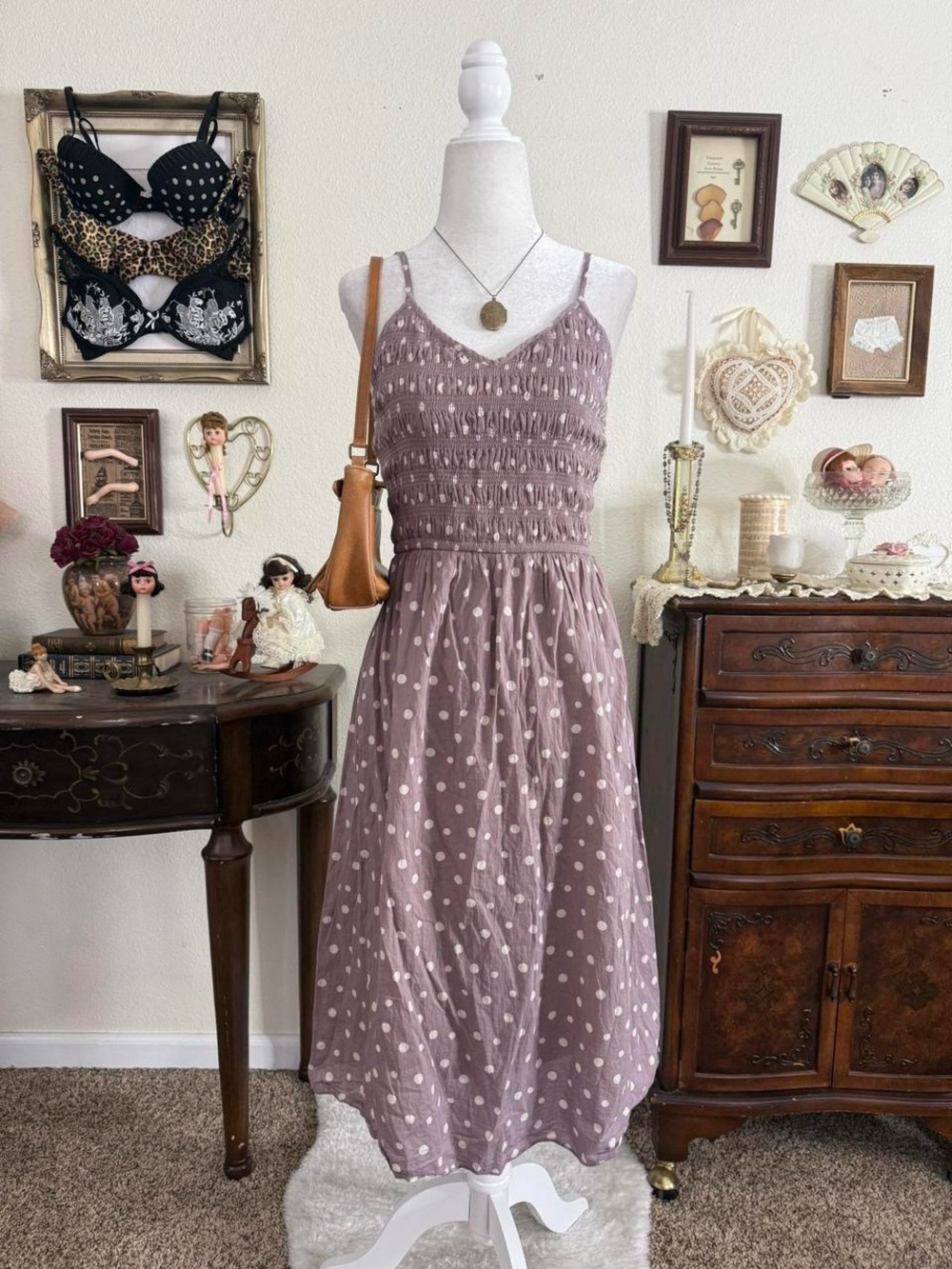 Modern twee coquette dusty lilac polkadot midi dress | size M